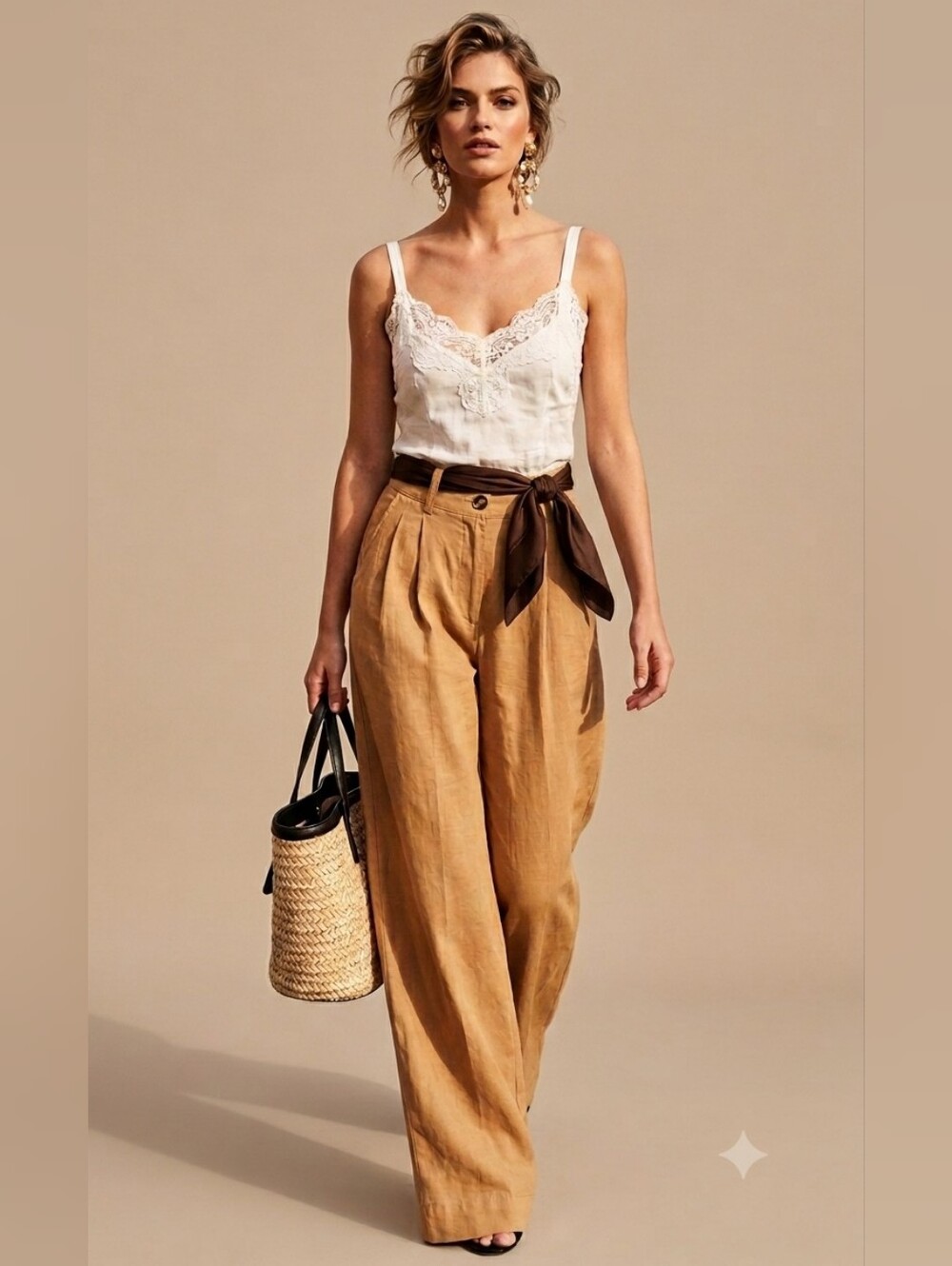 Auguste The Label Tan Linen Blend Wide Leg Pleated Trousers pants size 4 xs